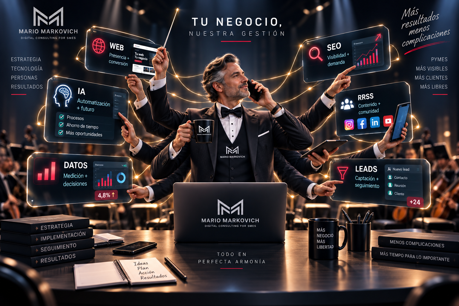 Director de orquesta coordinando web, SEO, redes sociales, leads, datos e inteligencia artificial